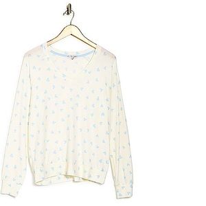 PJ Salvage White V-Neck Long Sleeve Top w/ Baby Blue Hearts | M | NWT